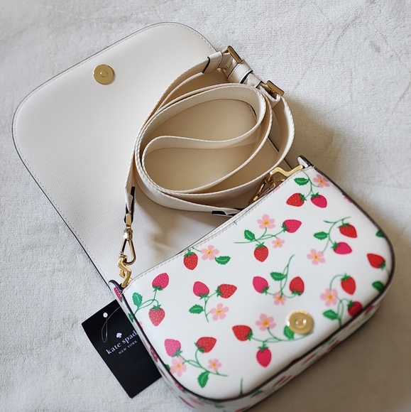 Kate Spade Madison Strawberry Vine Printed Saffiano Saddle Bag, Cream - Picture 7 of 12